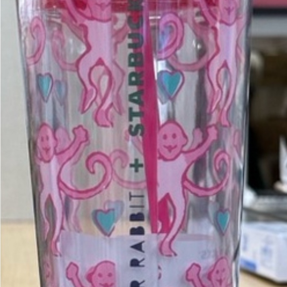 Starbucks Roller Rabbit Pink Monkey Tumbler with Blue Hearts- 4 in stock